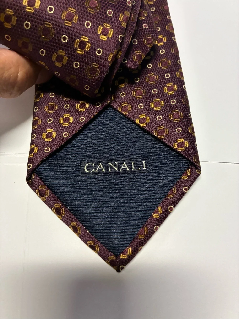 Canali Burgundy Tie with Gold Geometric Motif